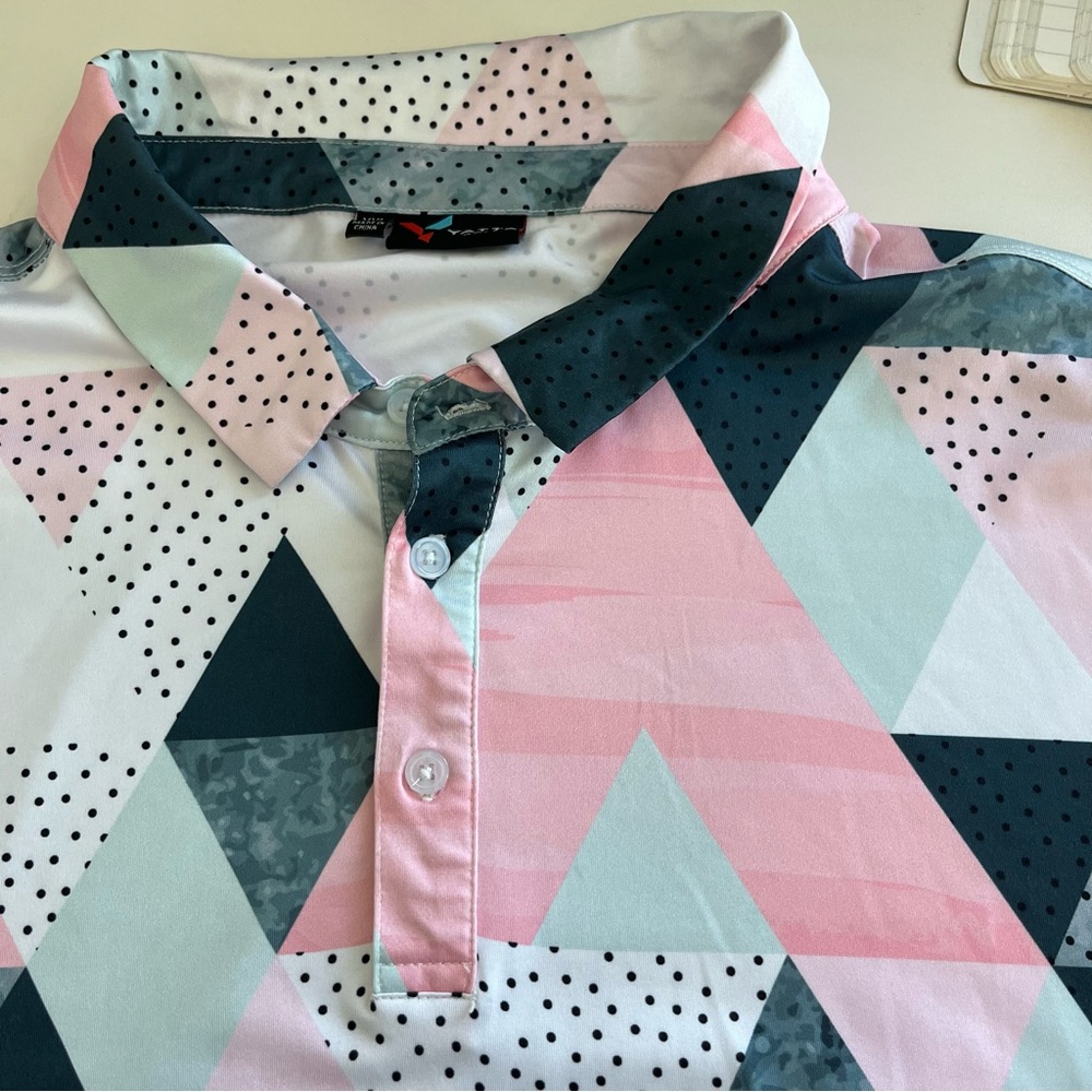 Yatta Golf Men’s Pink‎ Gray Geometric Short Sleeve Polo XXL printed